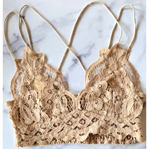 Free People Other - Free People One Adella Bralette XS Latte Strappy Crochet Lace Boho Crop Bra Top